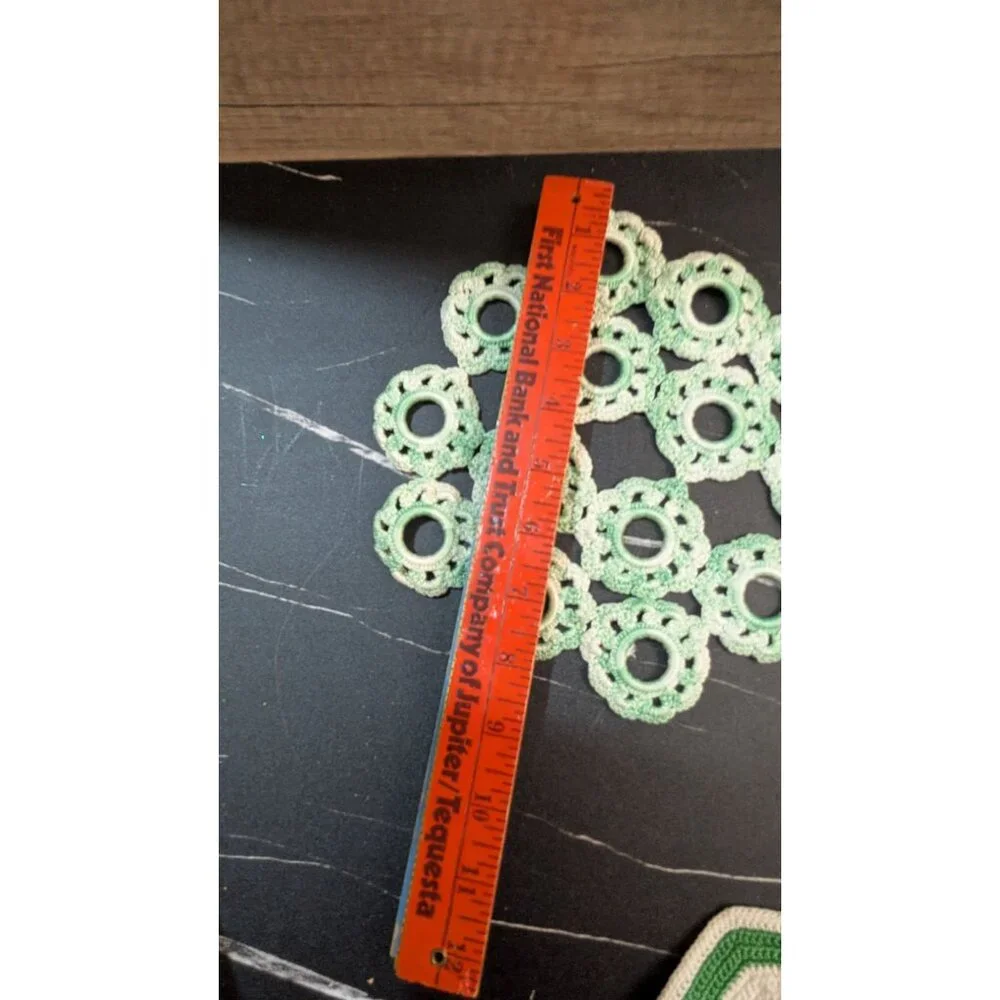 Green & White Vintage Crochet Doilies Handmade Floral Set Of 2 Two Sizes Pre-Own